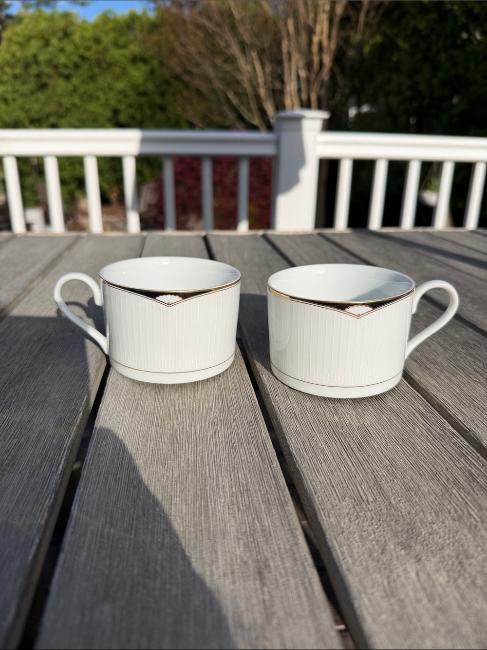 Oscar de la Renta White Fine China Coffee Cups with Gold Trim - Pair